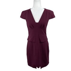 Tibi Maroon Knit Virgin Wool Short Sleeve V-Neck Peplum Mini Sheath Dress 6/SM